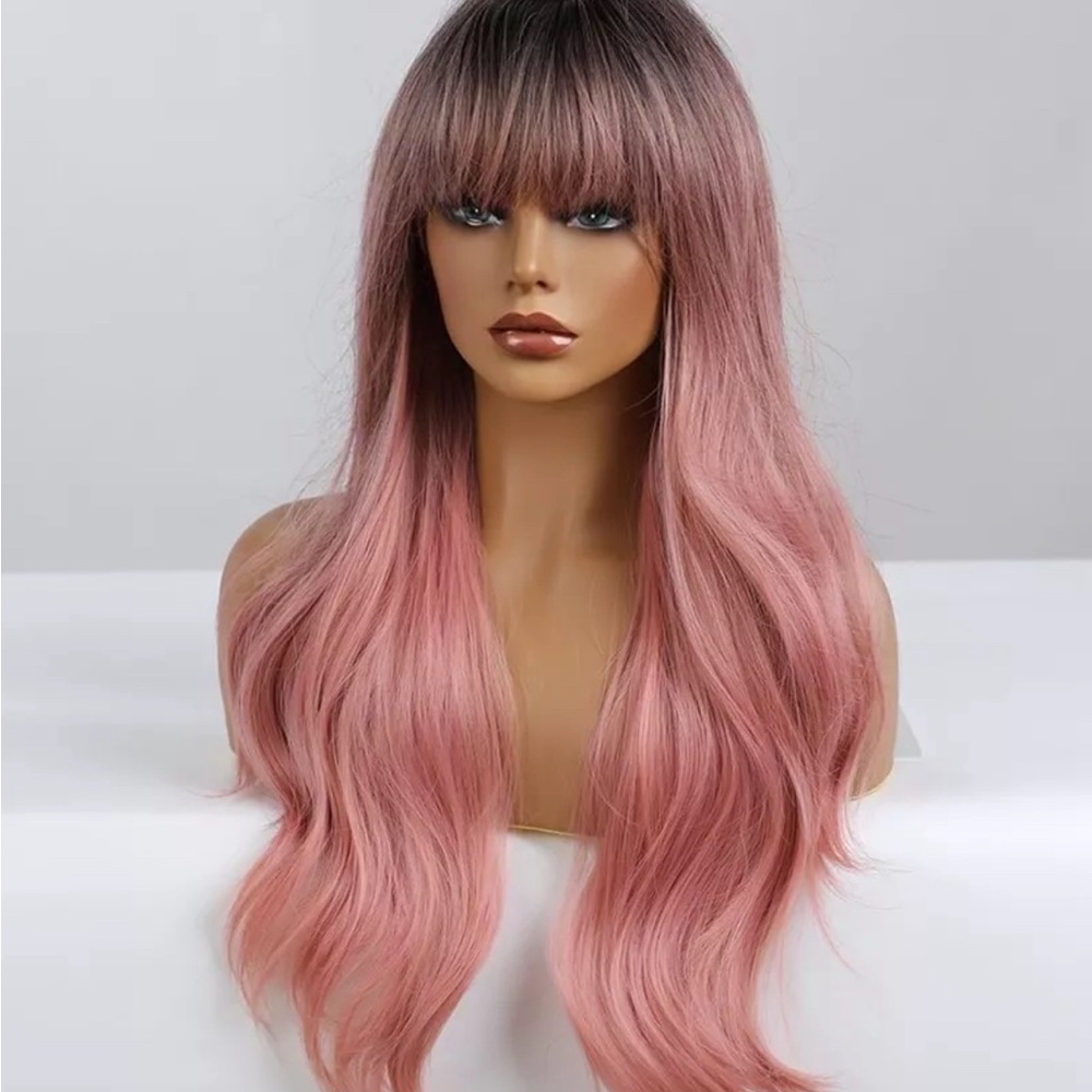 Long Wavy Pastel Pink Wig with Bangs and Gradient Color